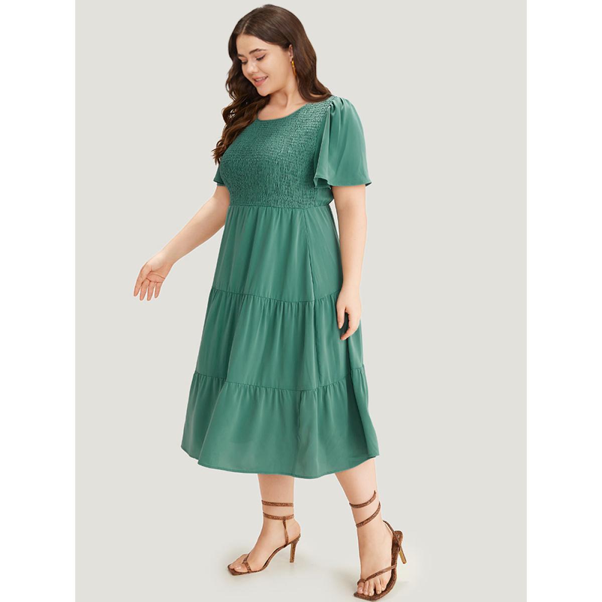 Plus Size Solid Shirred Pocket Layered Hem Dress Emerald Women Elegant Plain Round Neck Short sleeve Curvy Midi Dress BloomChic 12/L Product Image