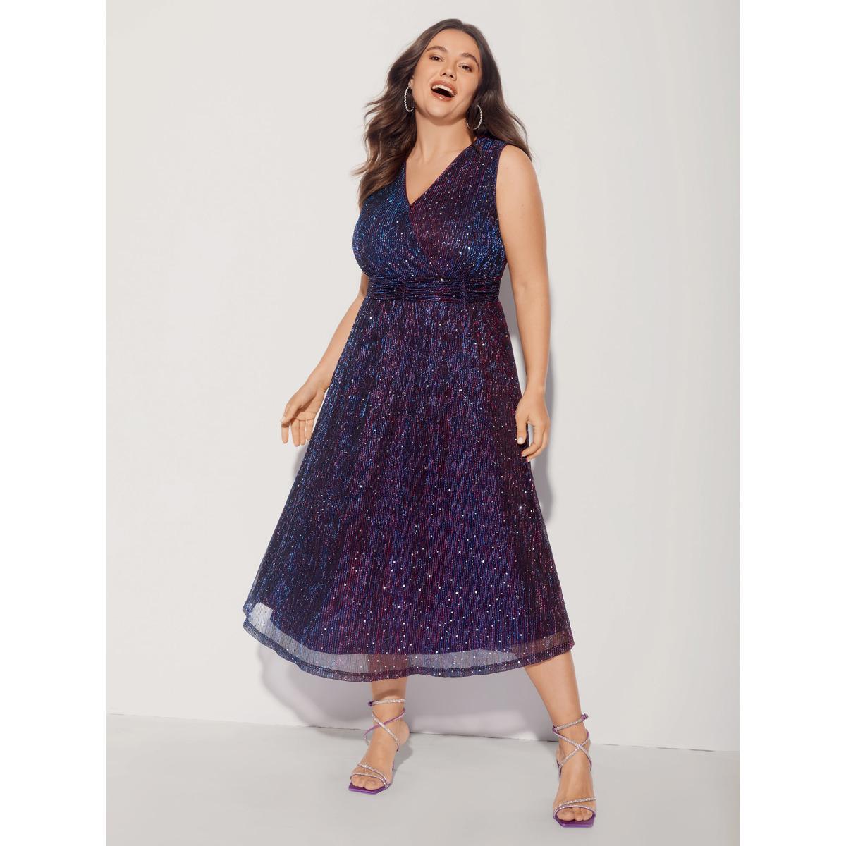 Plus Size Sequin Surplice Neckline Sleeveless Midi Dress Deeppurplered Women Cocktail Texture Party Curvy Bloomchic 22-24/3X Product Image