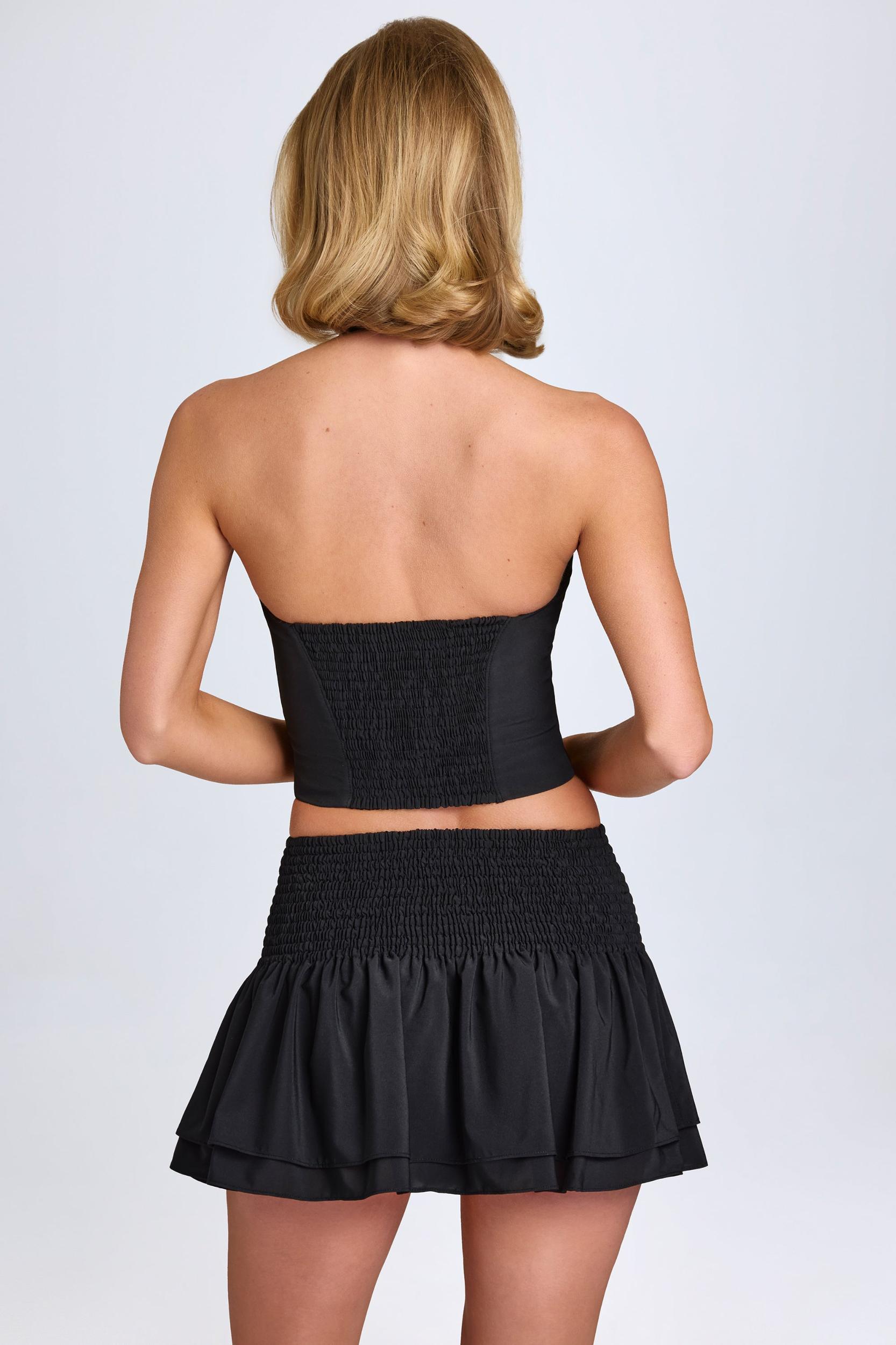 Ruffled Shirred Low-Rise Micro Mini Skirt in Black Product Image