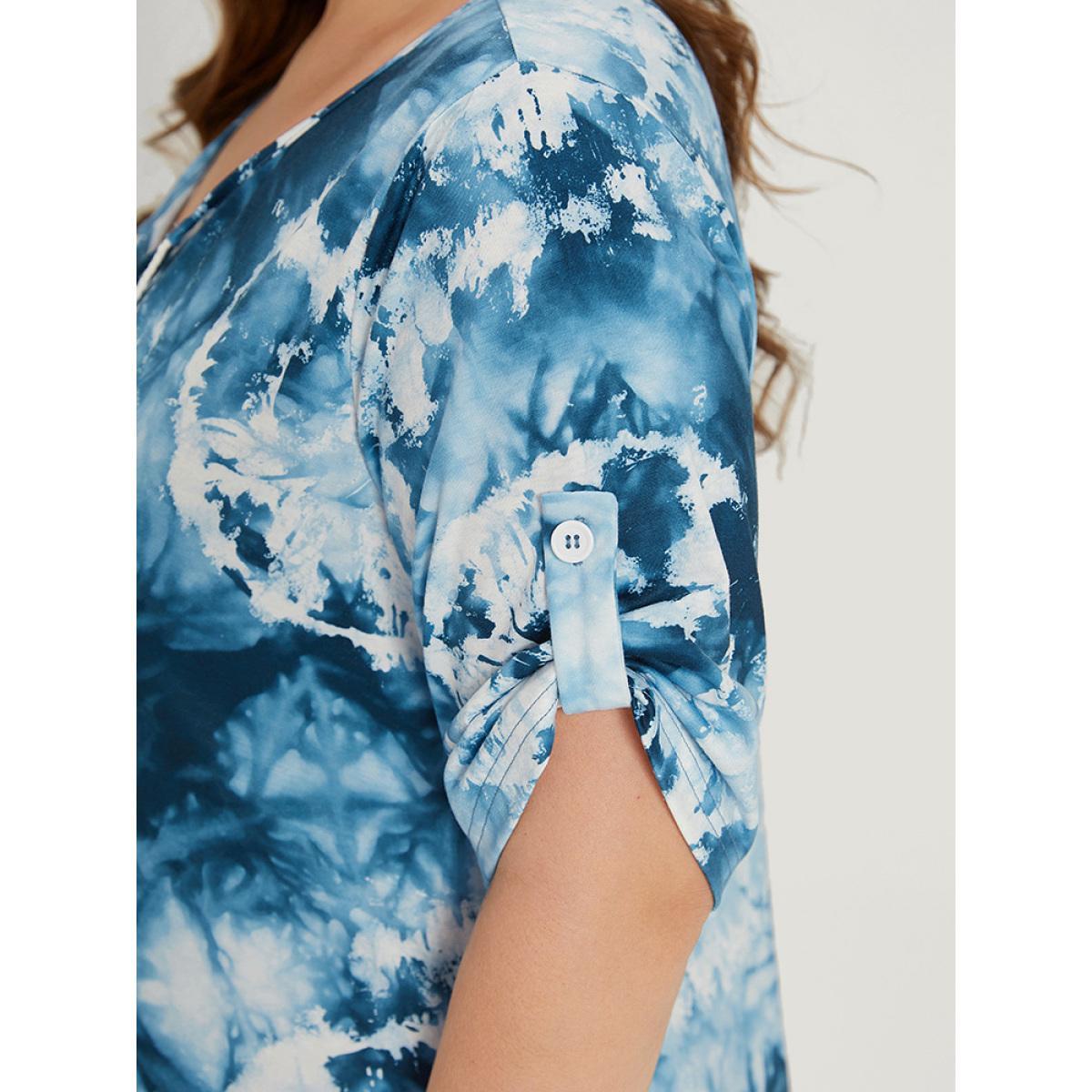 Plus Size Tie Dye Tassels Knot Neck Pocket Cuffed Sleeve Dress Cerulean Women Casual Tassels Tie Neck Short sleeve Curvy Midi Dress BloomChic 28/5X Product Image