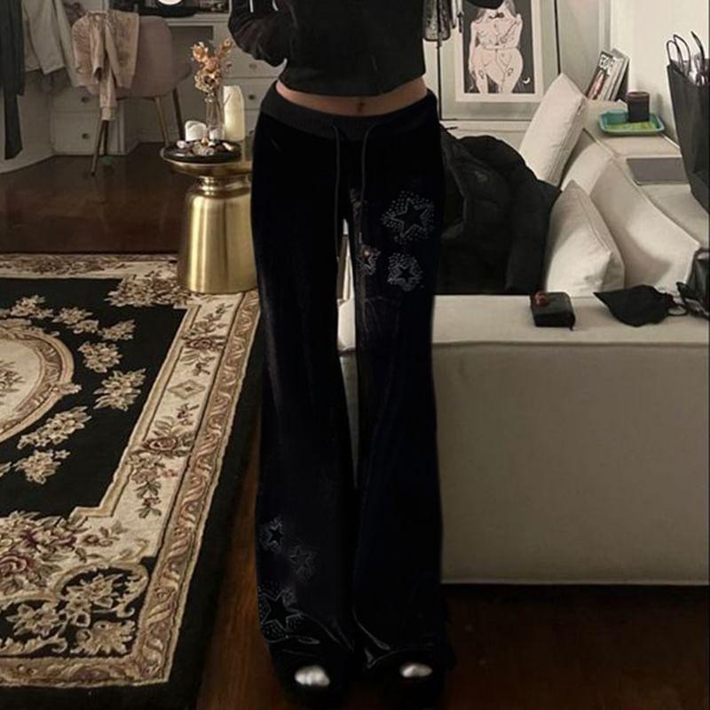 Low Waist Star Rhinestone Velvet Straight-Fit Wide-Leg Pants Product Image