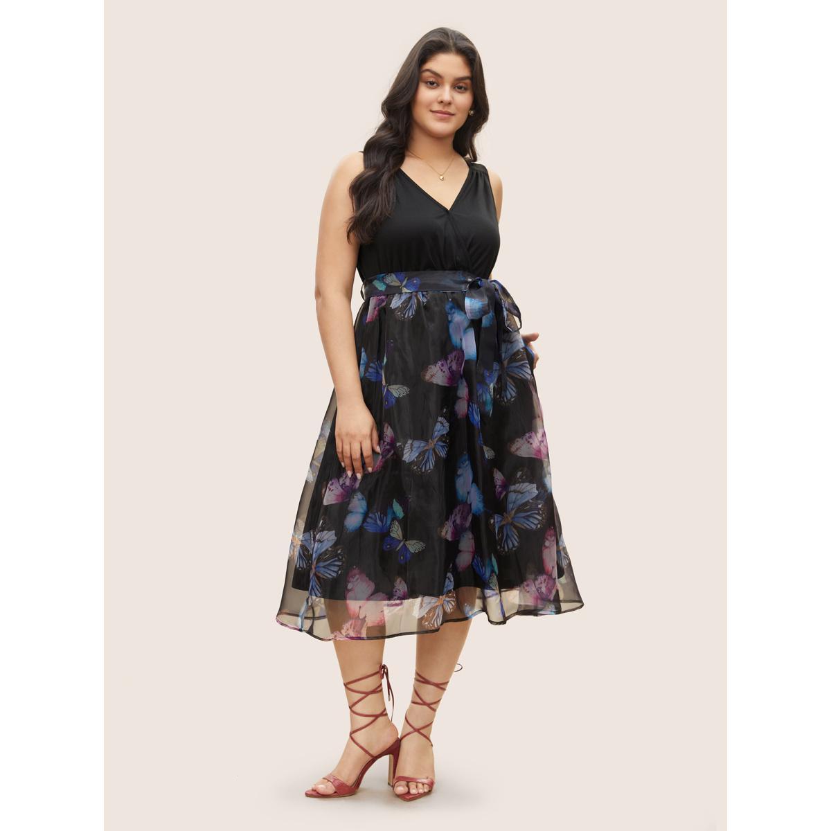 Plus Size Butterfly Mesh Patchwork Wrap Belted Dress Black Women Cocktail Non Overlap Collar Sleeveless Curvy BloomChic 18-20/2X Product Image