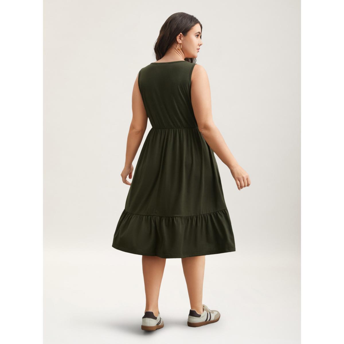 Plus Size Supersoft Stretchy Waist Pockets Midi Dress ArmyGreen Women Casual Button Knit Dresses Bloomchic 10/M Product Image