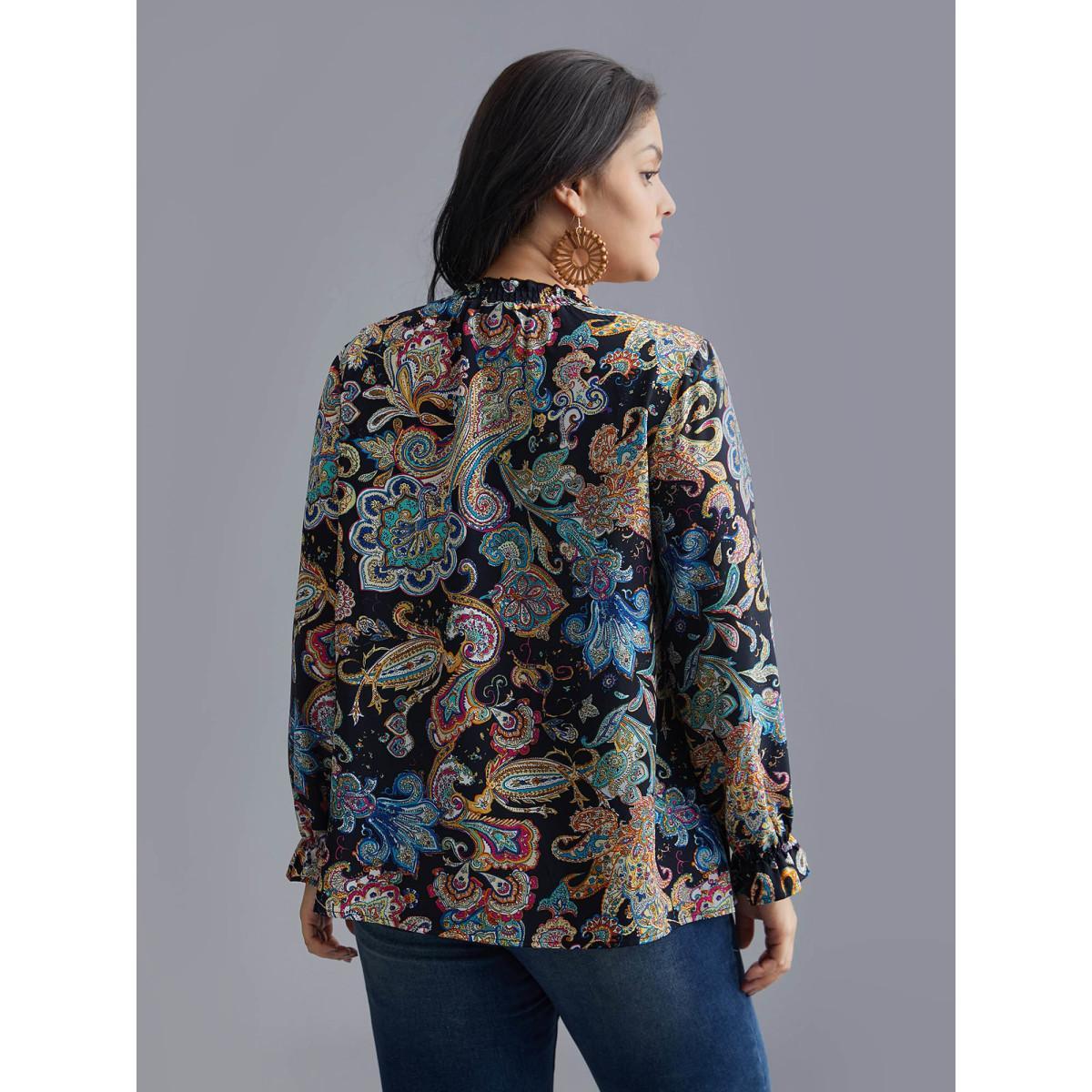 Plus Size Indigo Stand Collar Paisley Shirred Blouse Women Resort Long Sleeve Stand-up collar Vacation Blouses BloomChic 28/5X Product Image