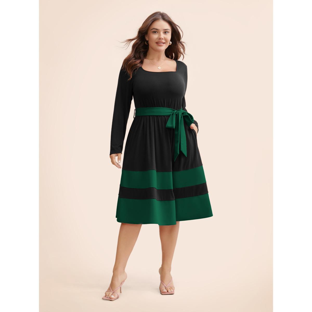 Plus Size Two Tone Belted Bowknot Square Neck Dress DarkGreen Women Elegant Non Square Neck Long Sleeve Curvy Knee Dress BloomChic 10/M Product Image