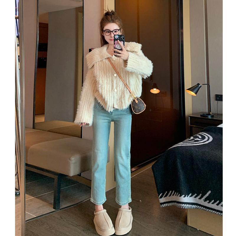 Peter Pan Collar Plain Fluffy Button-Up Cardigan Product Image