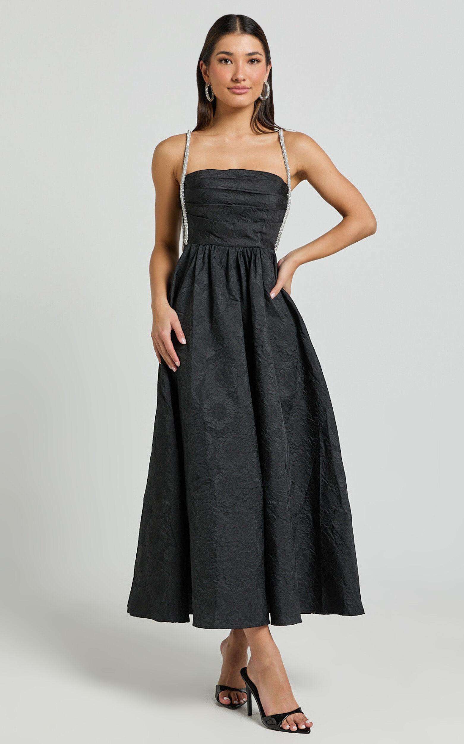 Alvia Midi Dress - Diamante Strap Ruched Straight Neck Dress in Black Product Image