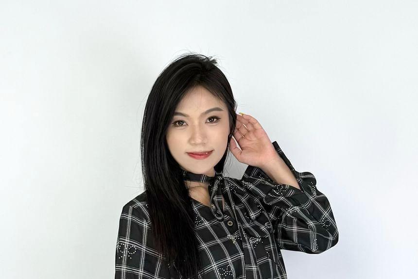 Long Sleeve V-Neck Plaid Bow Drawstring Mini A-Line Dress Product Image