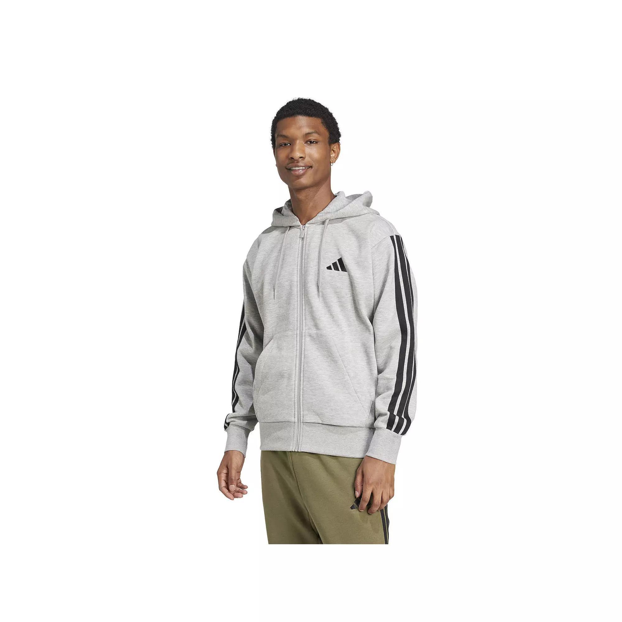 Men's adidas Essentials 3-Stripes Fleece Sportswear Zip Front Hoodie, Size: Medium, Medium Grey Grey Product Image
