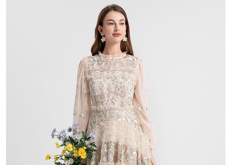 Long Sleeve Round Neck Floral Embroidered Frill Mesh Maxi A-Line Dress Product Image