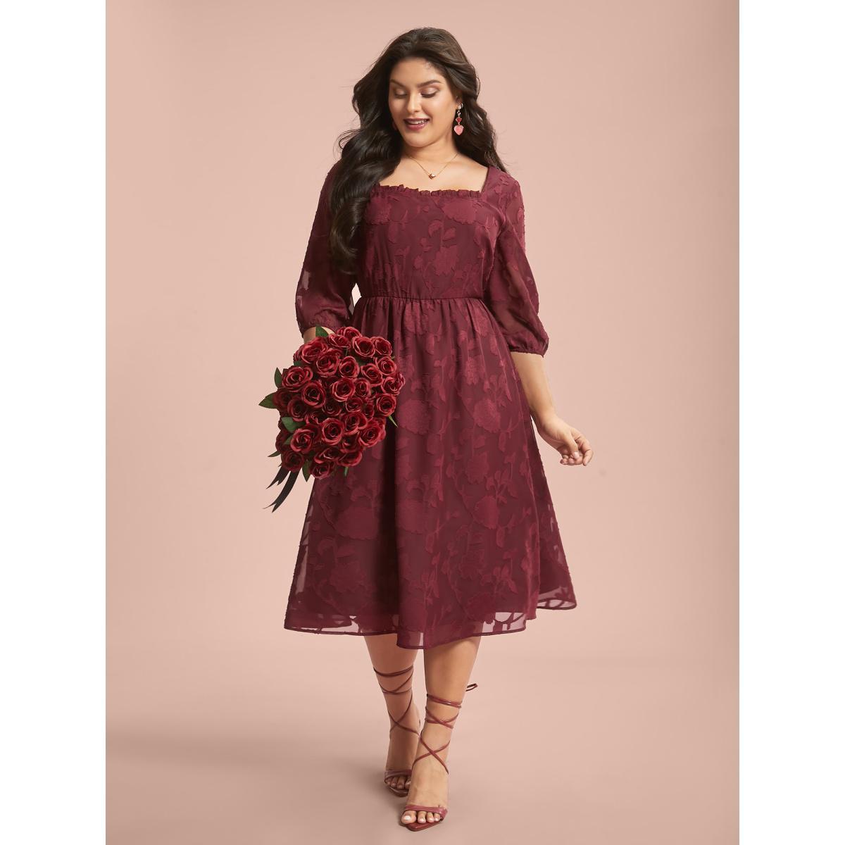 Plus Size Floral Frill Trim Stretchy-Waist Sheer Midi Dress Burgundy Women Elegant Texture Square Neck Elbow-length sleeve Curvy BloomChic 18-20/2X Product Image