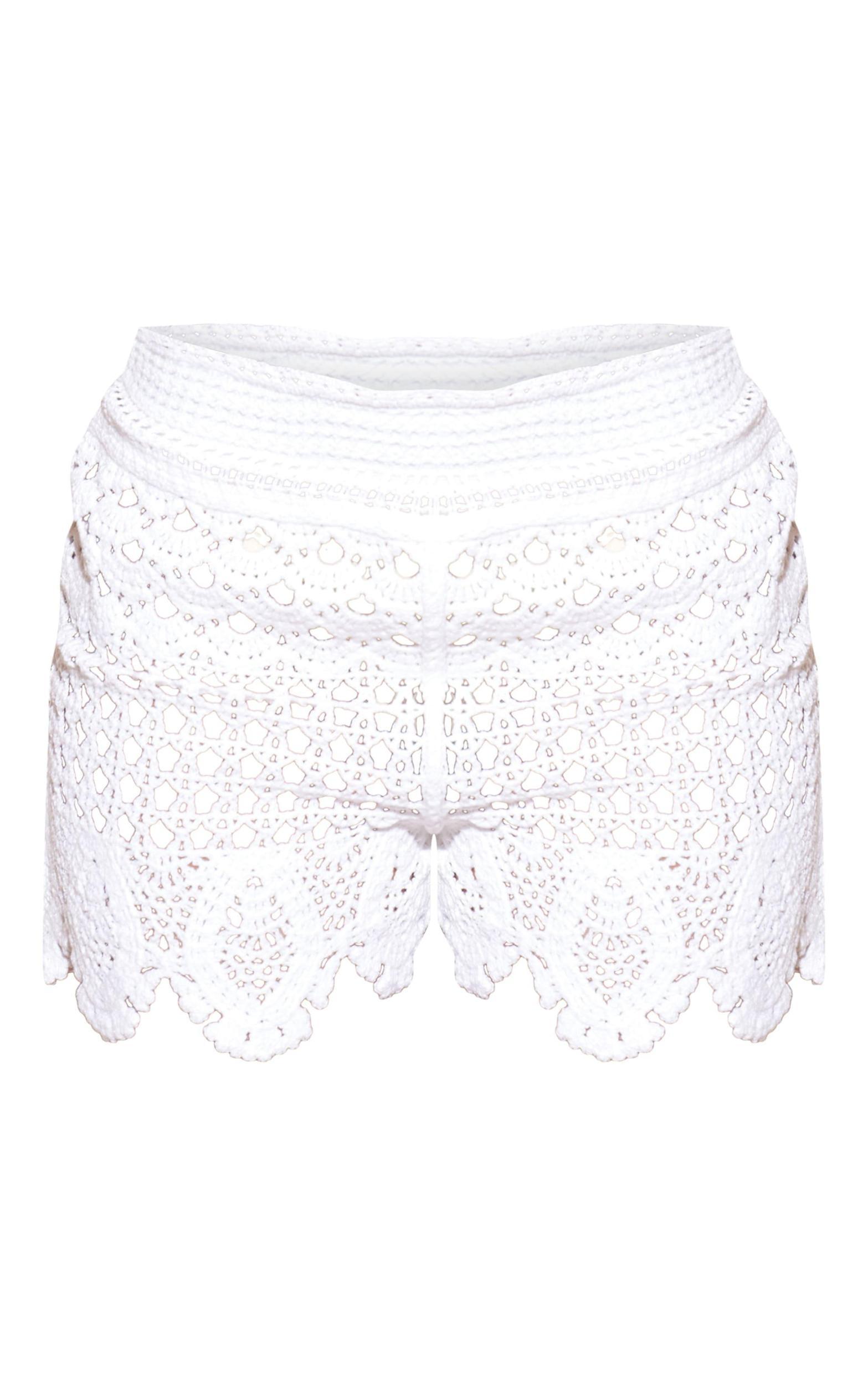 White Textured Crochet Frill Hem Shorts Product Image