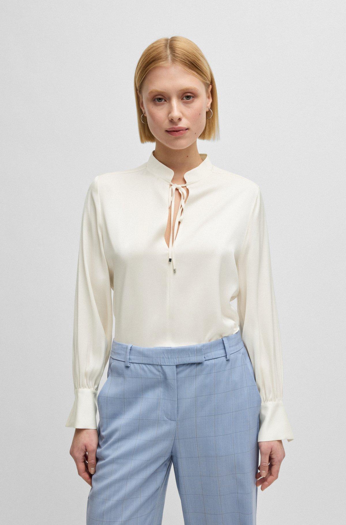 Relaxed-fit blouse in stretch silk with keyhole neckline Product Image
