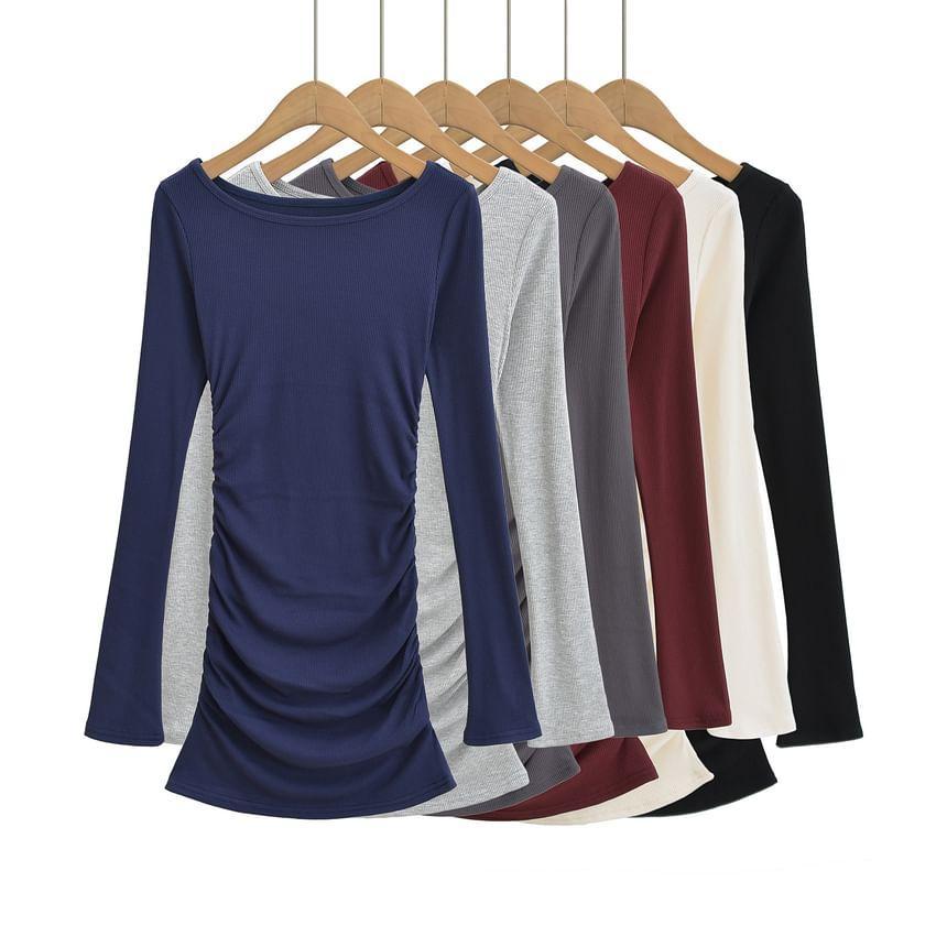 Long Sleeve Round Neck Plain Bodycon Mini Dress Product Image