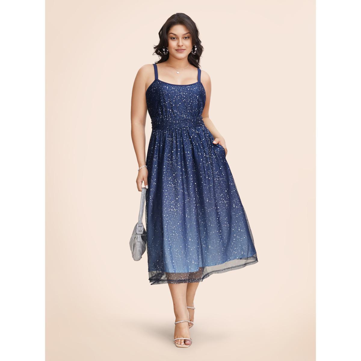 Plus Size Ombre Glitter Mesh Cami Midi Dress Navy Women Formal Texture U-neck Sleeveless Curvy BloomChic 18-20/2X Product Image