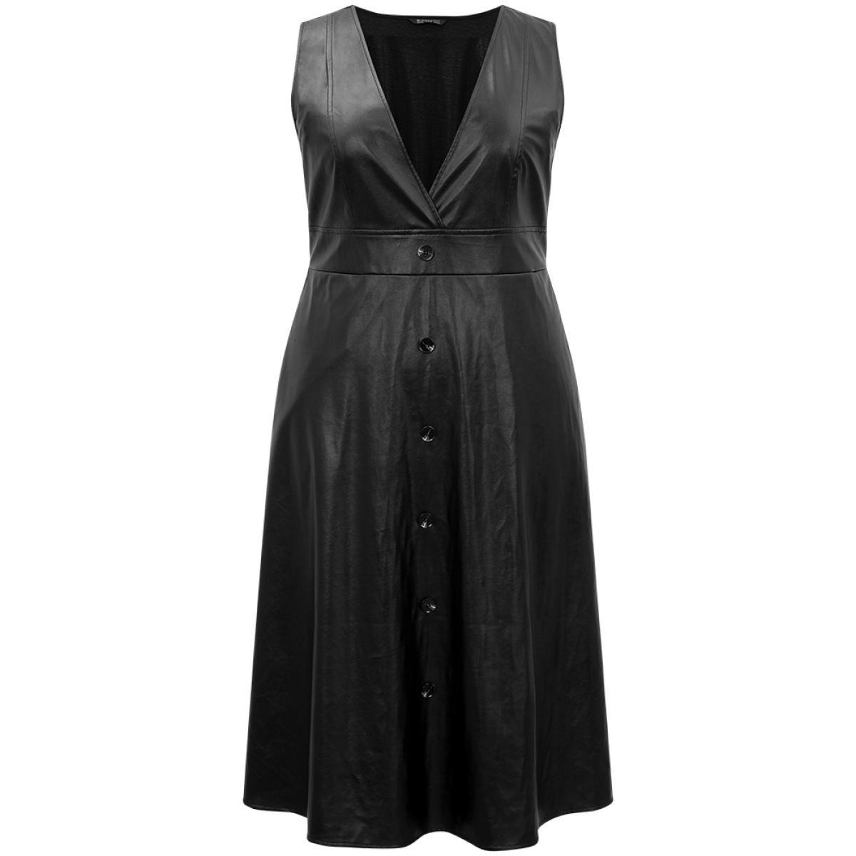 Plus Size PU Leather Sleeveless Button Detail Dress Black Women Office Plain V-neck Sleeveless Curvy Midi Dress BloomChic 26/4X Product Image