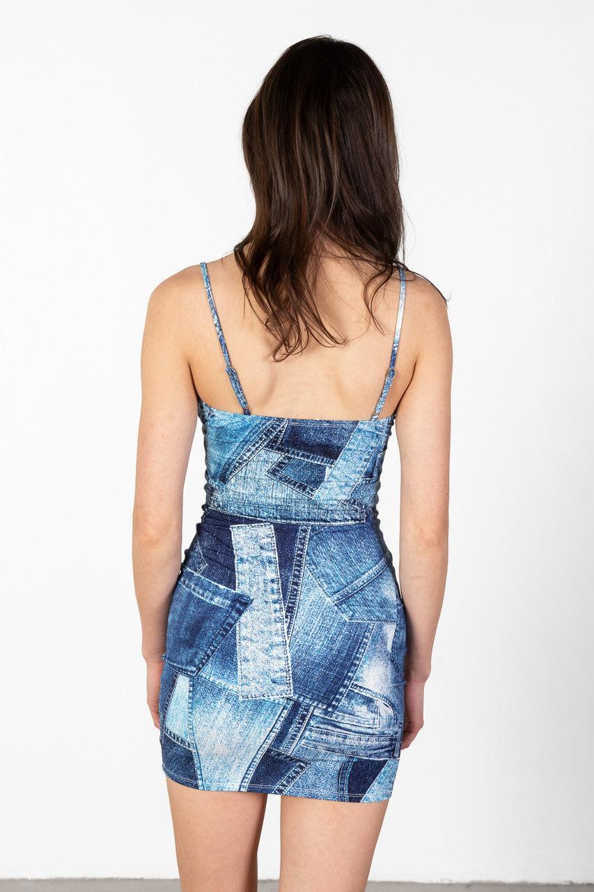 Patchwork Denim Print Mini Dress Product Image