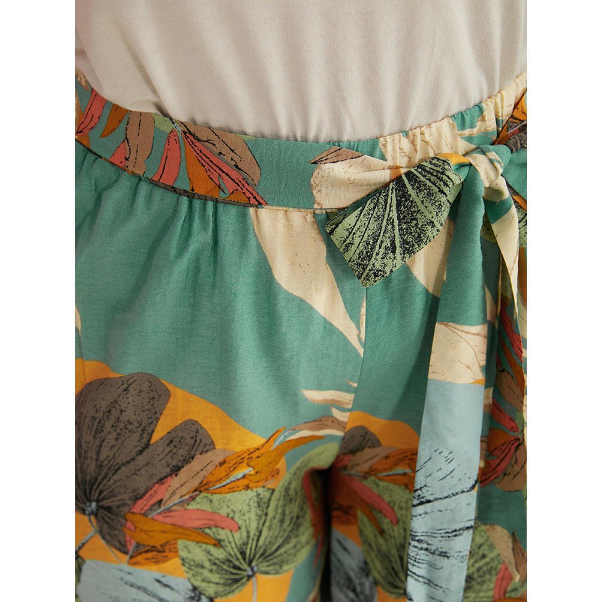 Plus Size Plants Print Elastic Waist Ties Pants Women Mint Vacation Straight Leg High Rise Dailywear Pants BloomChic 22-24/3X Product Image
