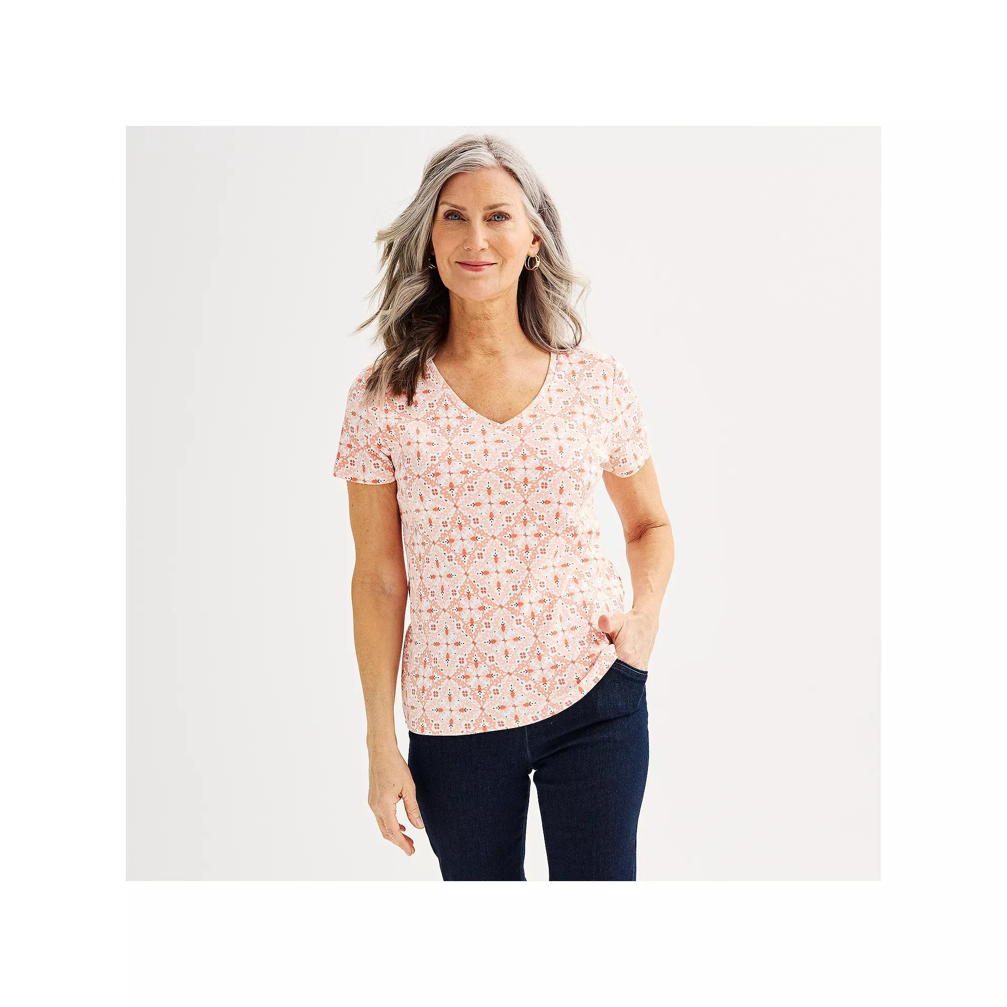Petite Croft & Barrow® Essential V-Neck Tee, Women's, Size: Medium Petite, Pink Floral Tile Product Image
