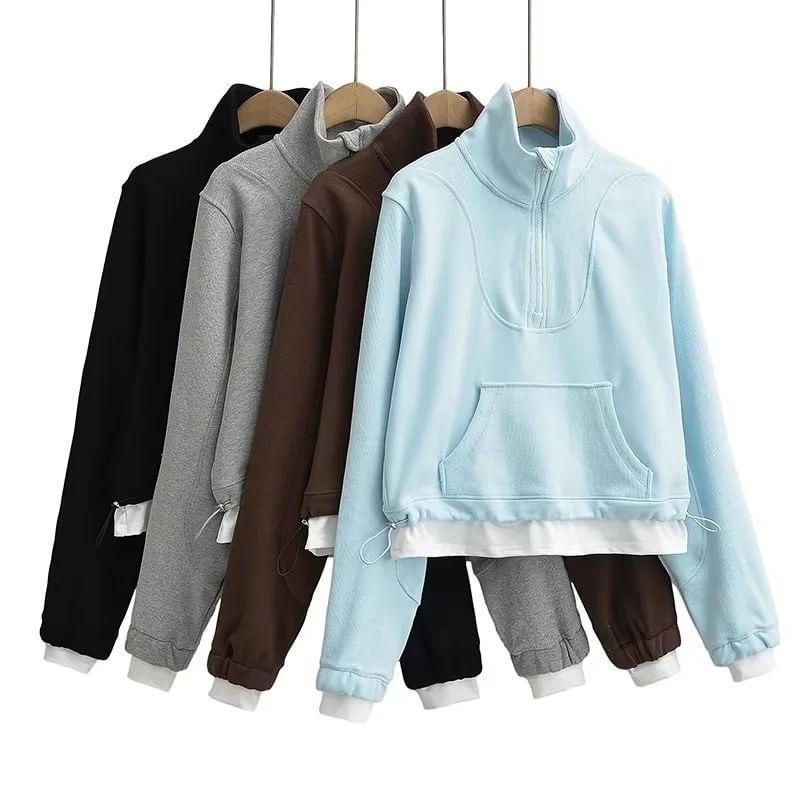 Long-Sleeve High Neck Two-Tone Drawstring Pullover Product Image