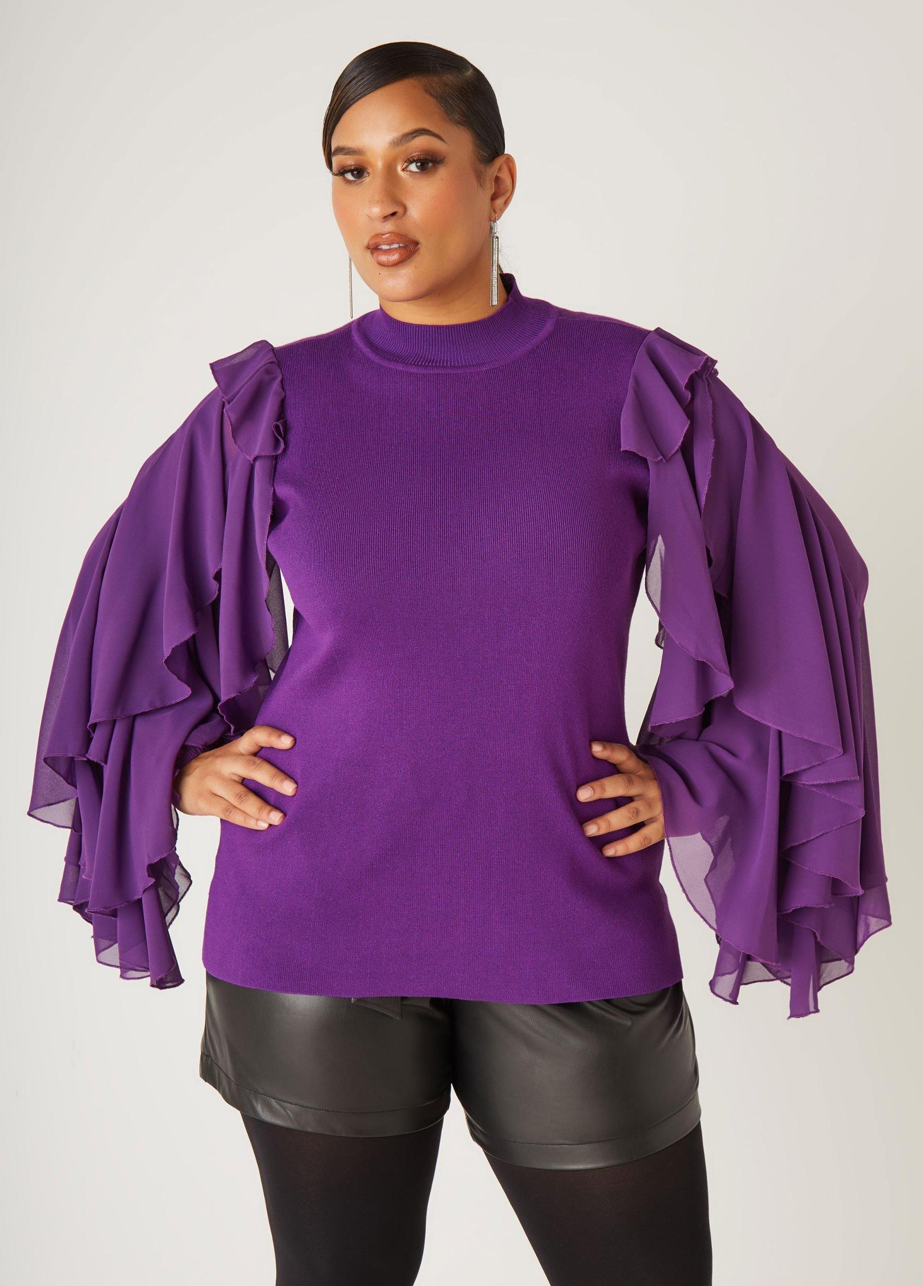 Plus Size Ruffled Organza Sleeved Sweater Ashley Stewart Product Image