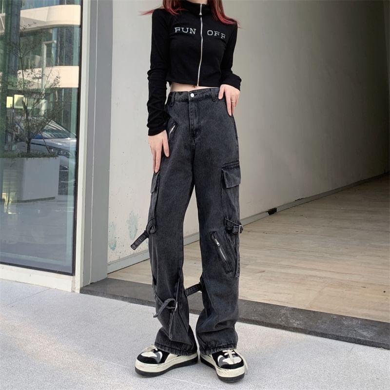 Mid Waist Washed Buckled Zipped Loose Fit Cargo Jeans Product Image