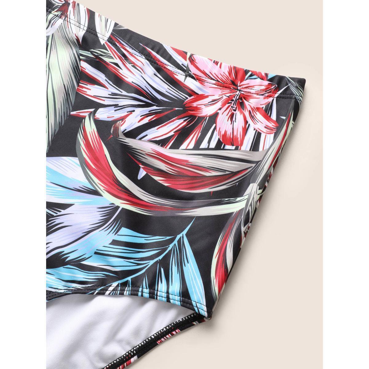 Plus Size Tropical Print Buckle Detail Swim Dress Women's Swimwear BlackFlower Beach Bodycon V-neck High stretch Curve Swim Dresses BloomChic 12/L Product Image