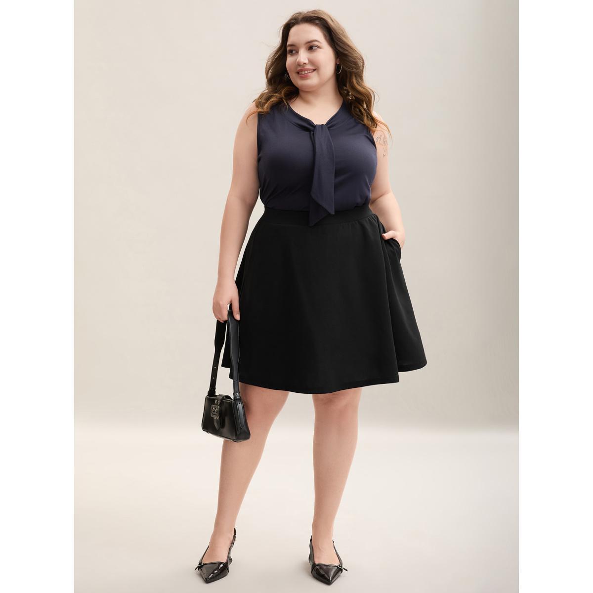 Plus Size Adjustable Waist Pleated Midi Skirt Women Black Elegant Bodycon Low stretch Side seam pocket Everyday Skirts BloomChic 26/4X Product Image