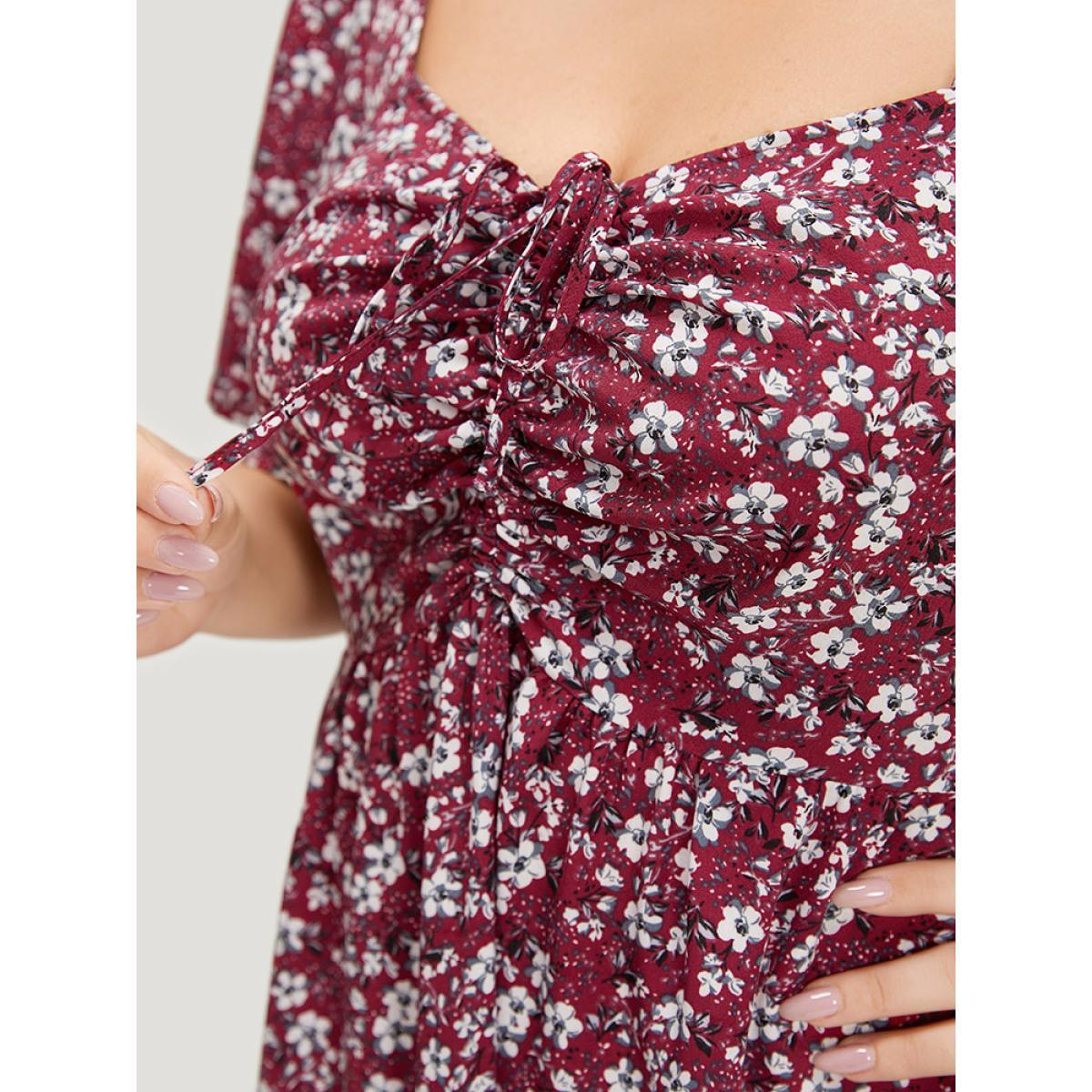 Plus Size Ditsy Floral Pocket Drawstring Ruched Flutter Sleeve Dress Scarlet Women Elegant Printed Square Neck Short sleeve Curvy Midi Dress BloomChic 10/M Product Image