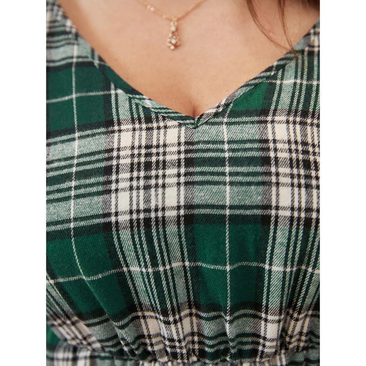 Plus Size Plaid V Neck Pocket High Low Hem Dress Without Belt DarkGreen Women Elegant Pocket V-neck Long Sleeve Curvy Midi Dress BloomChic 14-16/1X Product Image