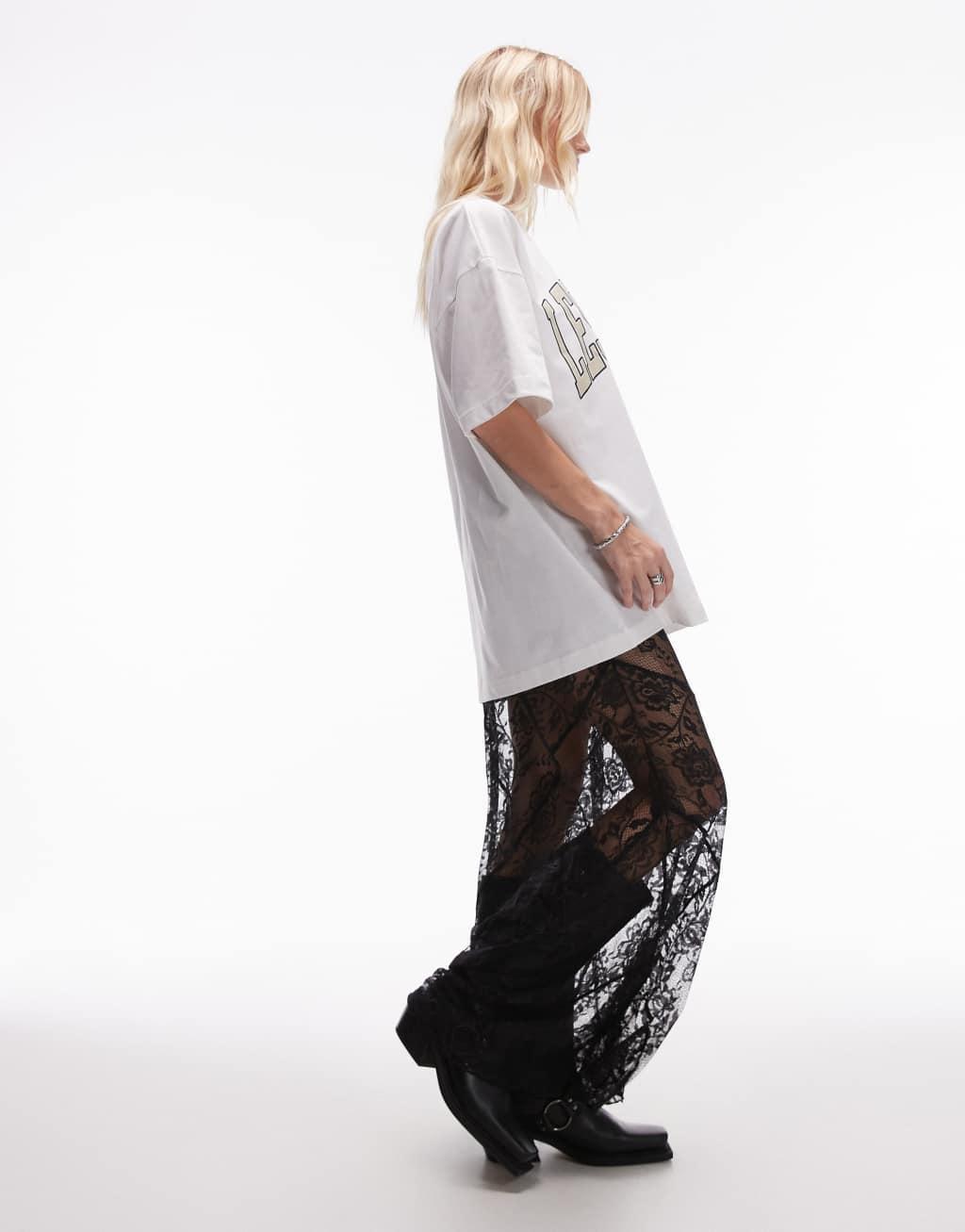Topshop sheer diagonal tiered floral lace maxi skirt in black Product Image