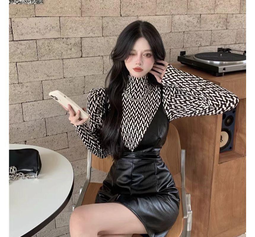 Long-Sleeve Turtleneck Pattern Top / Spaghetti Strap V-Neck Faux Leather Mini Dress Product Image