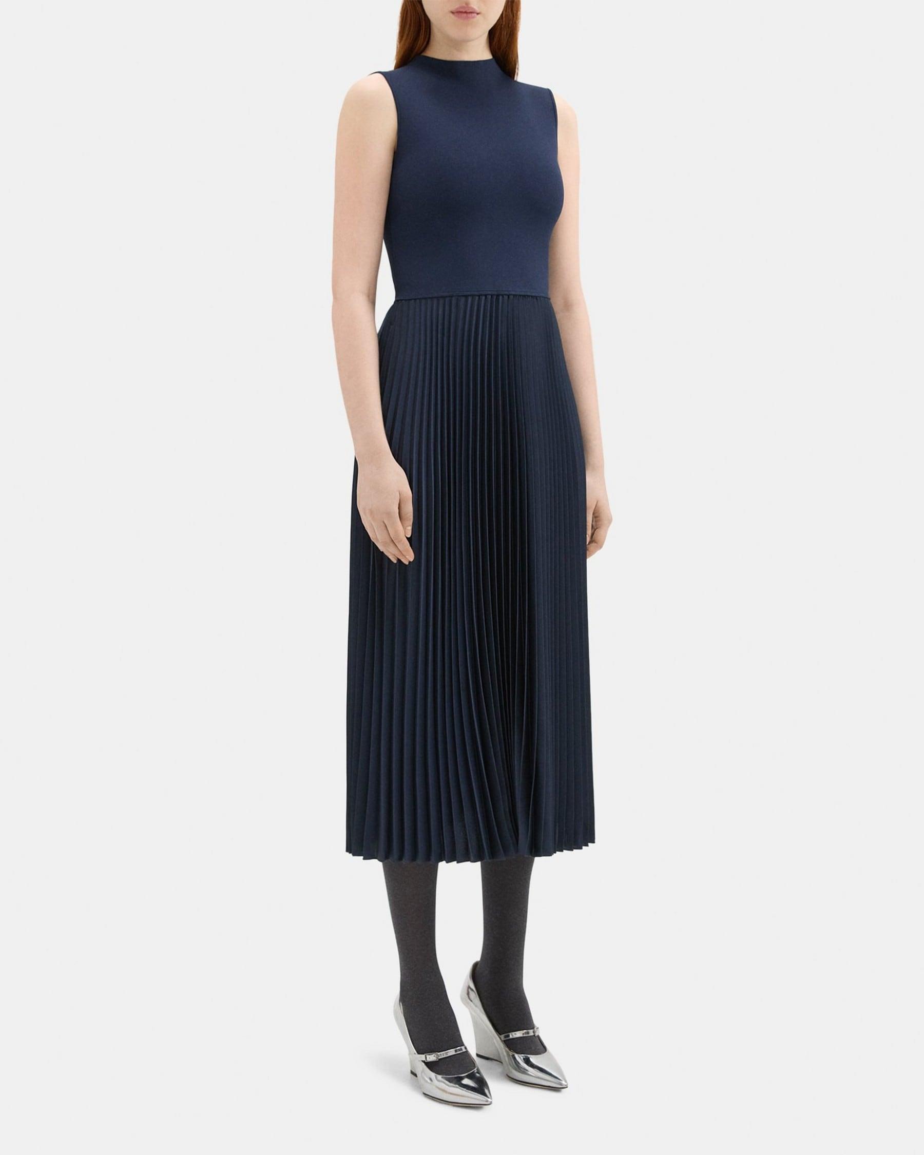 Pleated Combo Dress in Textured Satin Product Image