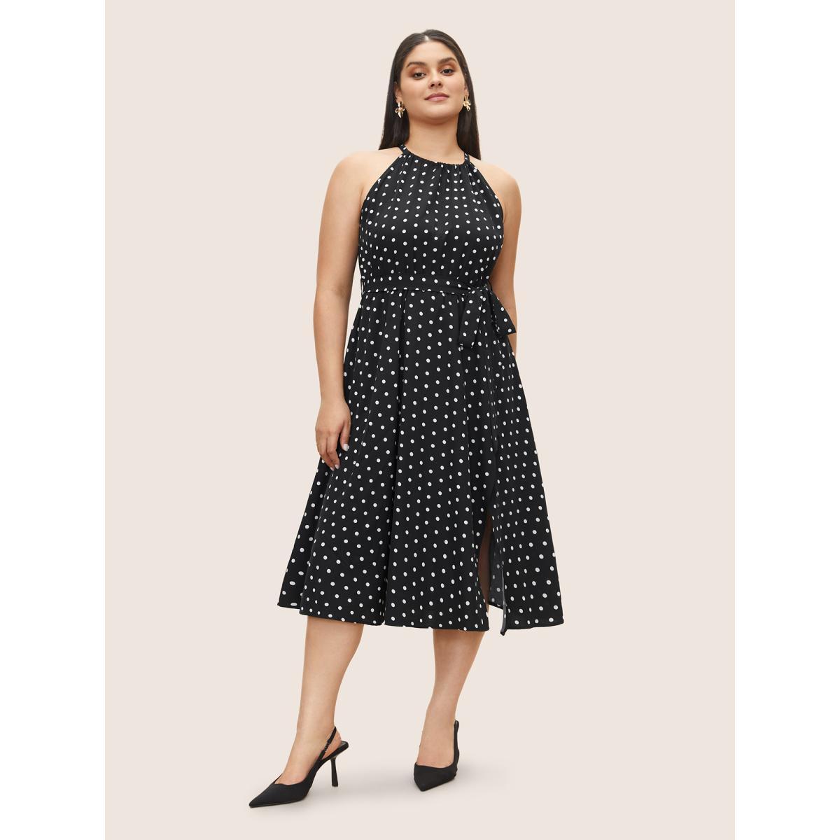 Plus Size Polka Dot Halter Elastic Waist Belted Gathered Dress Black Women At the Office Non Halter neck Sleeveless Curvy Midi Dress BloomChic 30/6X Product Image