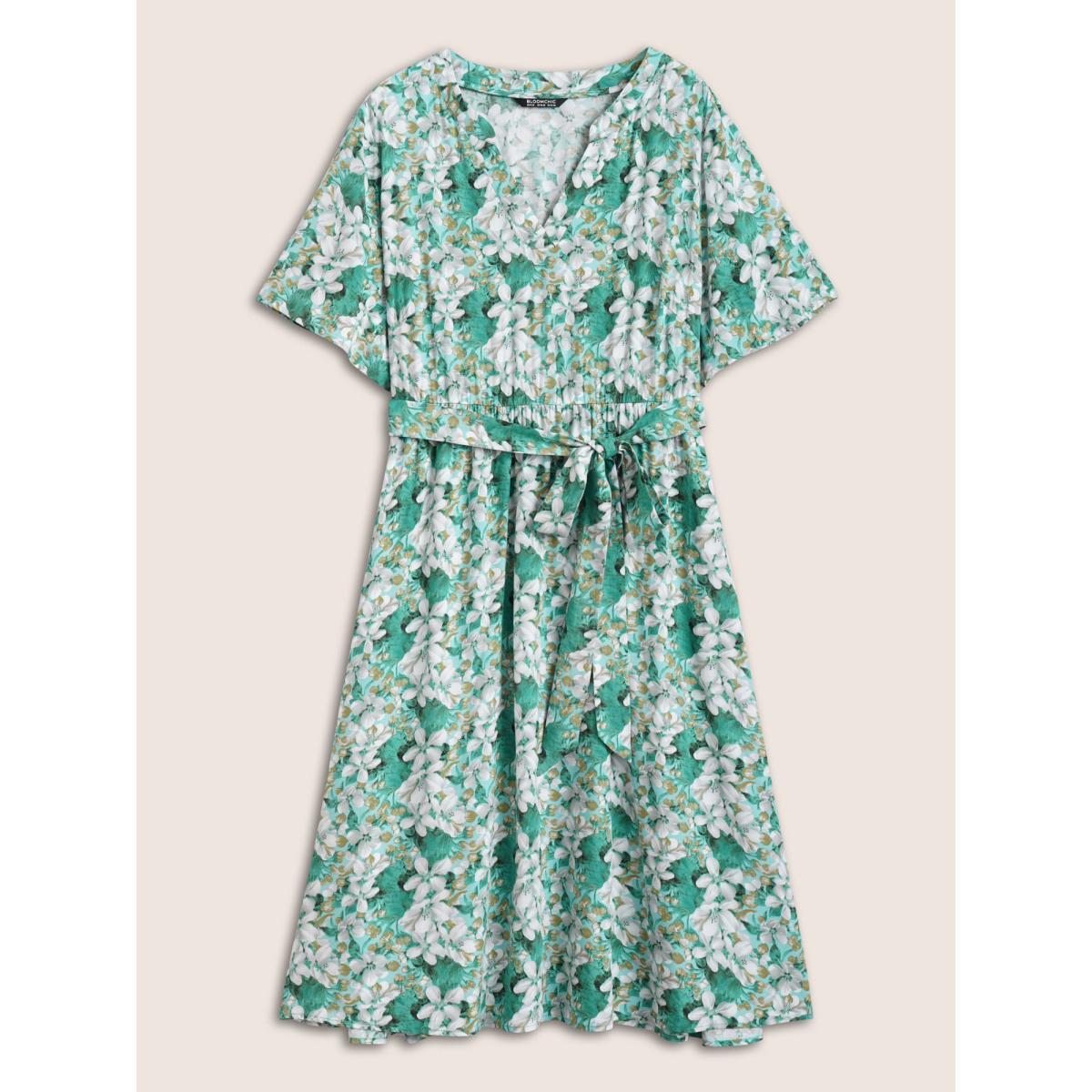 Plus Size Floral Print Notched Belted Midi Dress Turquoise Women Elegant Belted Flat collar with V-notch Short sleeve Curvy Midi Dress BloomChic 22-24/3X Product Image