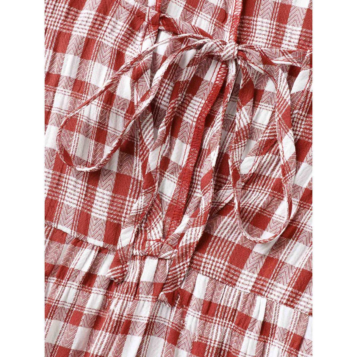 Plus Size Sweet Plaid Pattern Pockets Midi Dress Brightred Women Notched collar Cap Sleeve Curvy BloomChic 30/6X Product Image