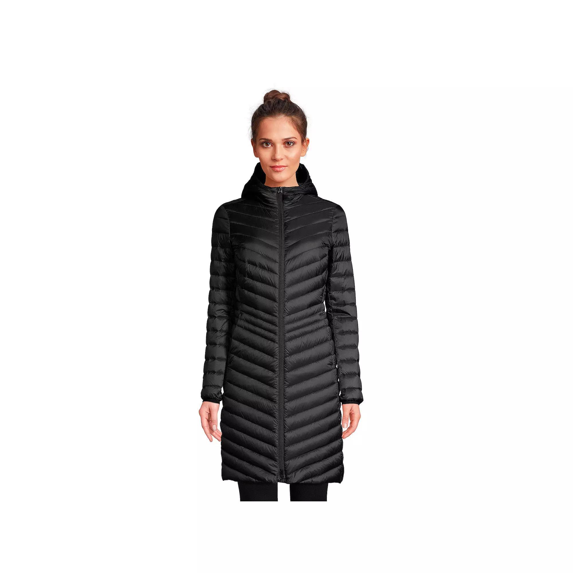 Women's Lands' End Hooded Wanderweight Ultralight Packable Long Down Coat, Size: Medium Tall, Black Product Image