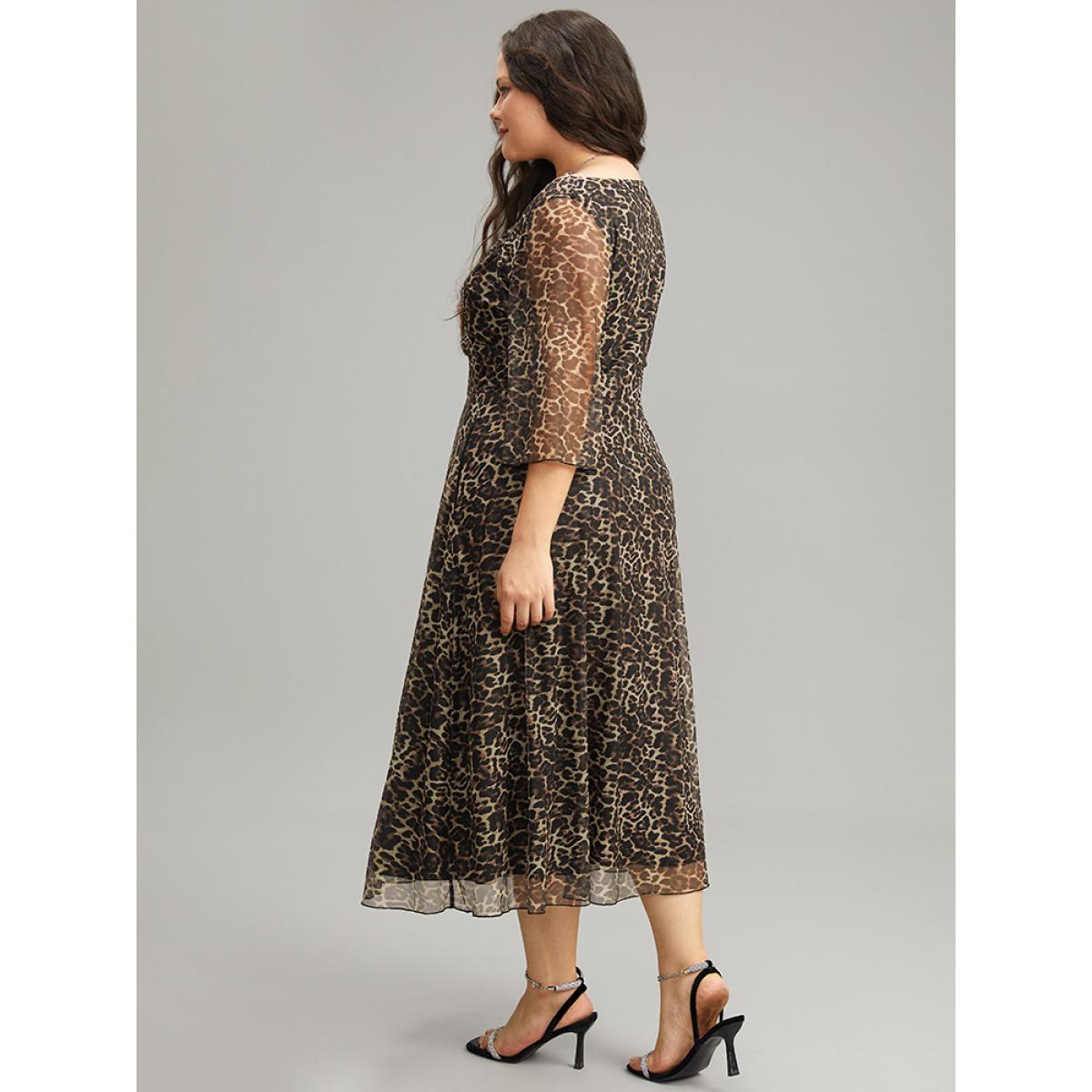 Plus Size Leopard Print Mesh Patchwork V Neck Dress Leopard Women Glamour See through V-neck Elbow-length sleeve Curvy Midi Dress BloomChic 30/6X Product Image