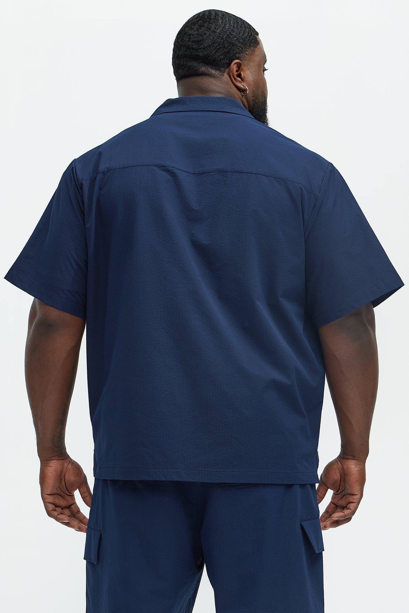 Seersucker Short Sleeve Cuban Collar Shirt - Navy Product Image