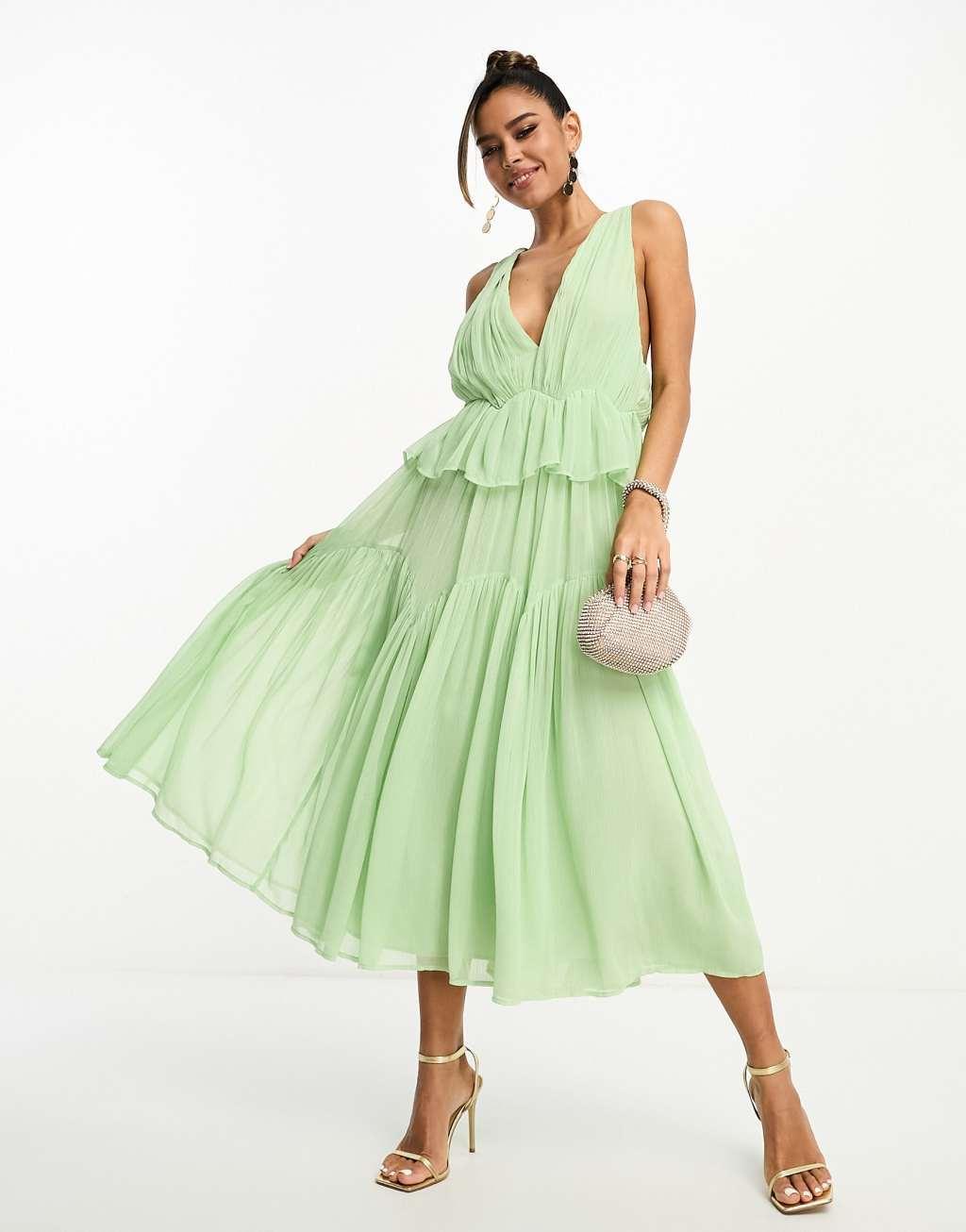 ASOS DESIGN plunge pleated tiered midi dress Product Image
