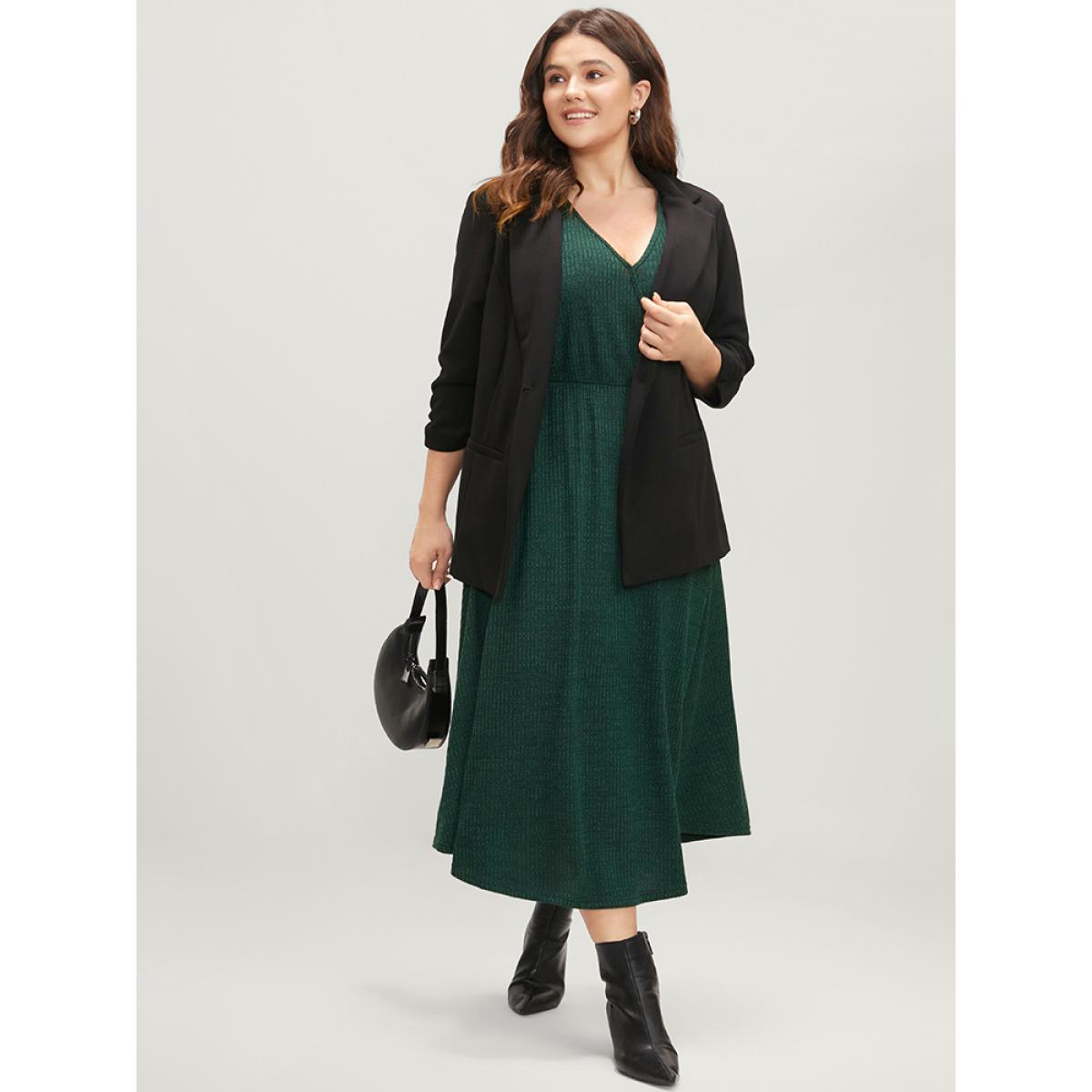 Plus Size Solid Pocket Surplice Neck Rib Knit Marled Dress DarkGreen Women Elegant V-neck Long Sleeve Curvy Midi Dress BloomChic 14-16/1X Product Image