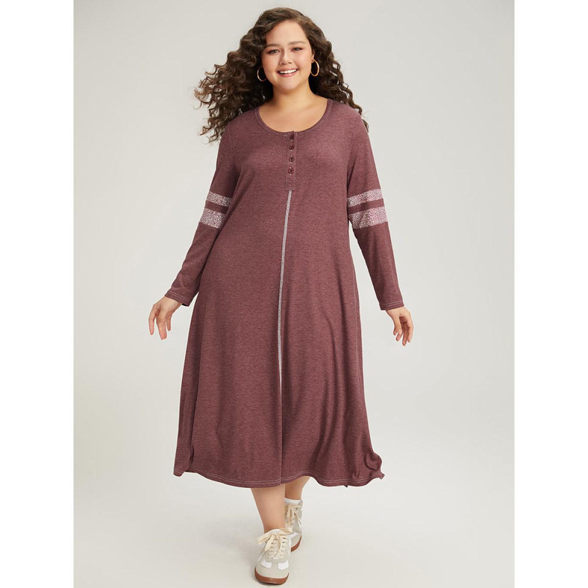 Plus Size Supersoft Essentials Leopard Print Patchwork Stitch Pocket Button Up Split Hem Dress Burgundy Women Casual Patchwork Round Neck Long Sleeve Curvy Midi Dress BloomChic 10/M Product Image