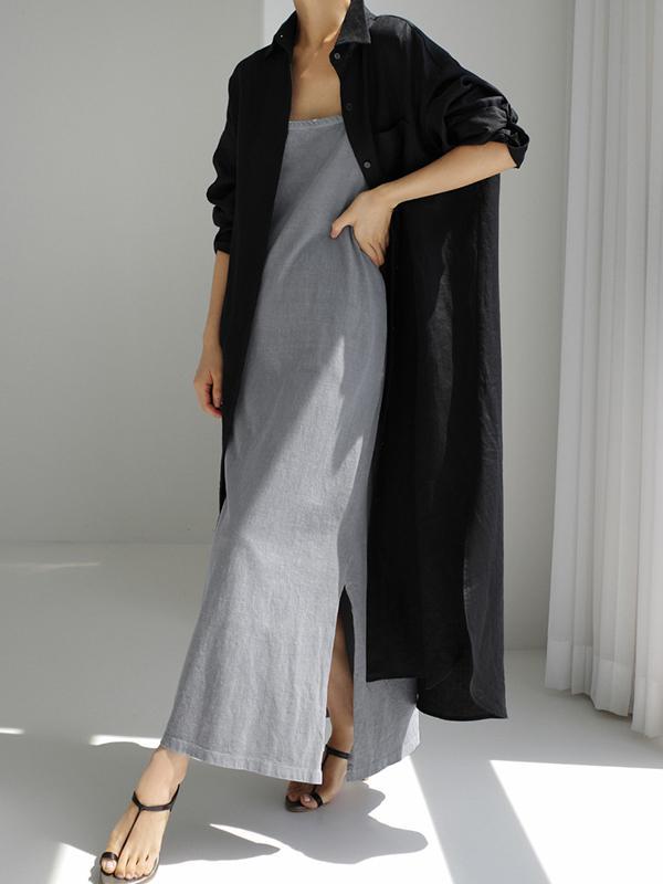 Simple Long Sleeves Split-Side Solid Color Lapel Midi Dresses Shirt Dress Product Image