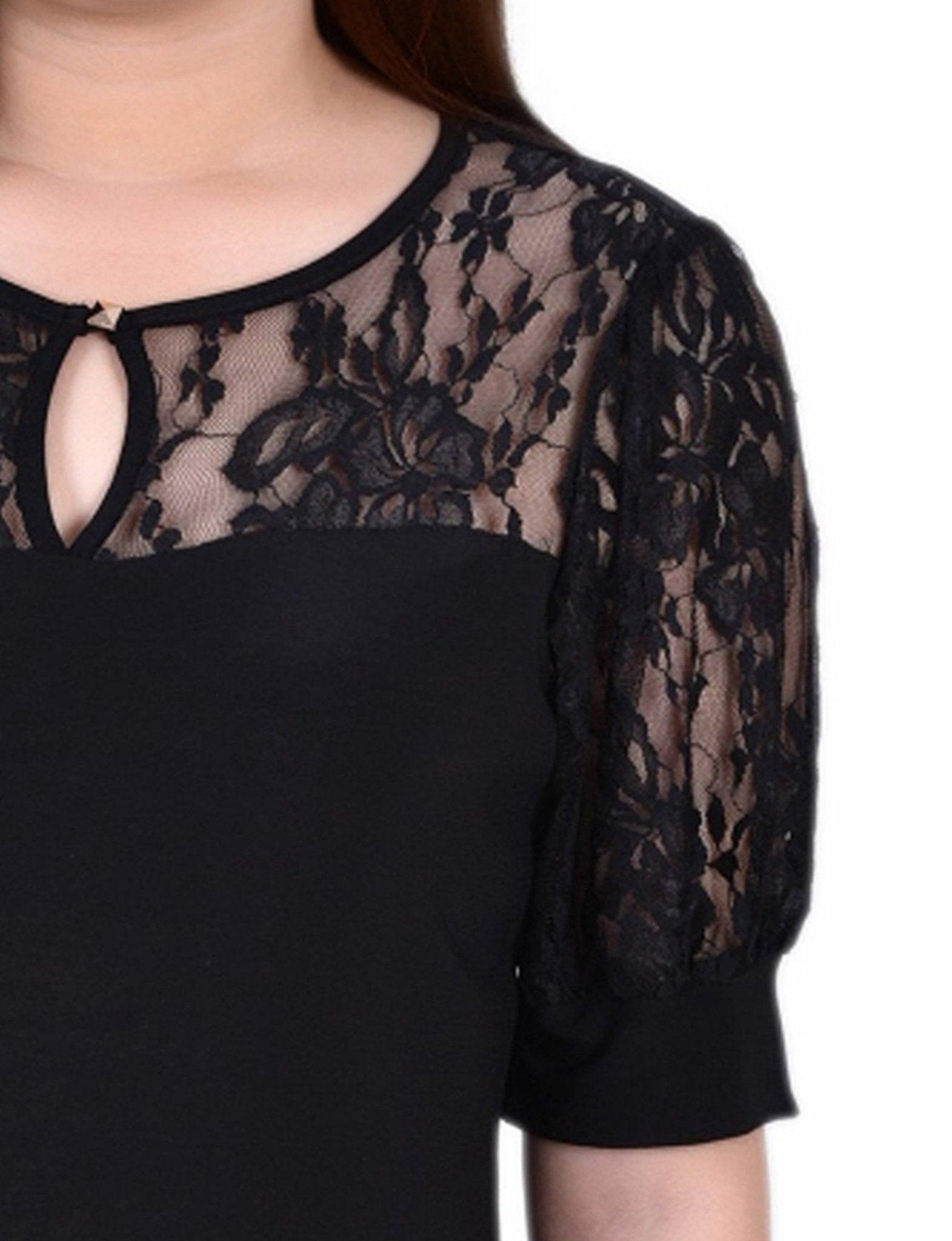 Black Short Puff Sleeve Top With Lace Sleeves And Yoke - Petite Product Image