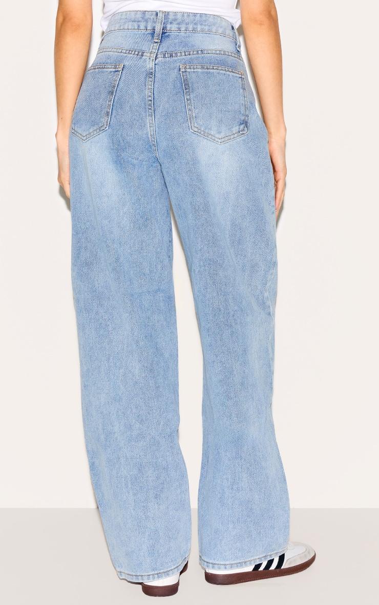 Light Blue Wash Asymmetric Waistband Baggy Low Rise Thigh Split Boyfriend Jeans Product Image