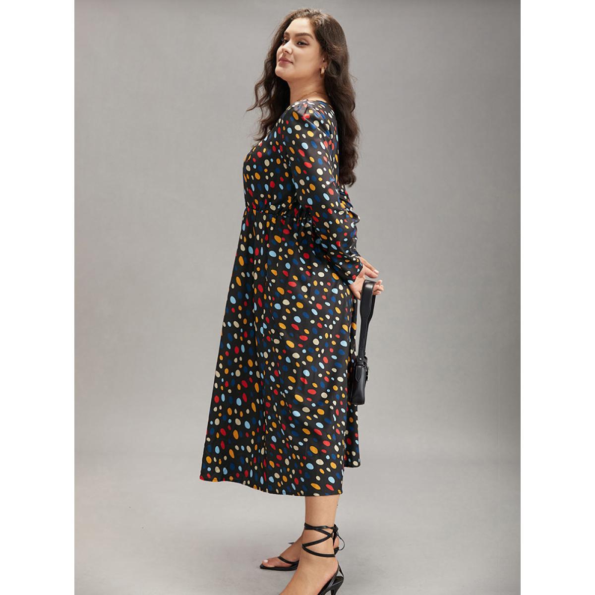 Plus Size Contrast Polka Dot Pocket Long Sleeve Dress Black Women Elegant Printed Square Neck Long Sleeve Curvy Midi Dress BloomChic 30/6X Product Image