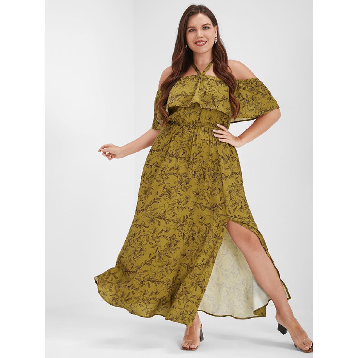 Plus Size Bloom Dress - Floral Print Halter Off Shoulder Split Maxi Dress Yellow Women Vacation Elastic Waist One-shoulder neck Short sleeve Curvy Long Dress BloomChic 18/2X Product Image