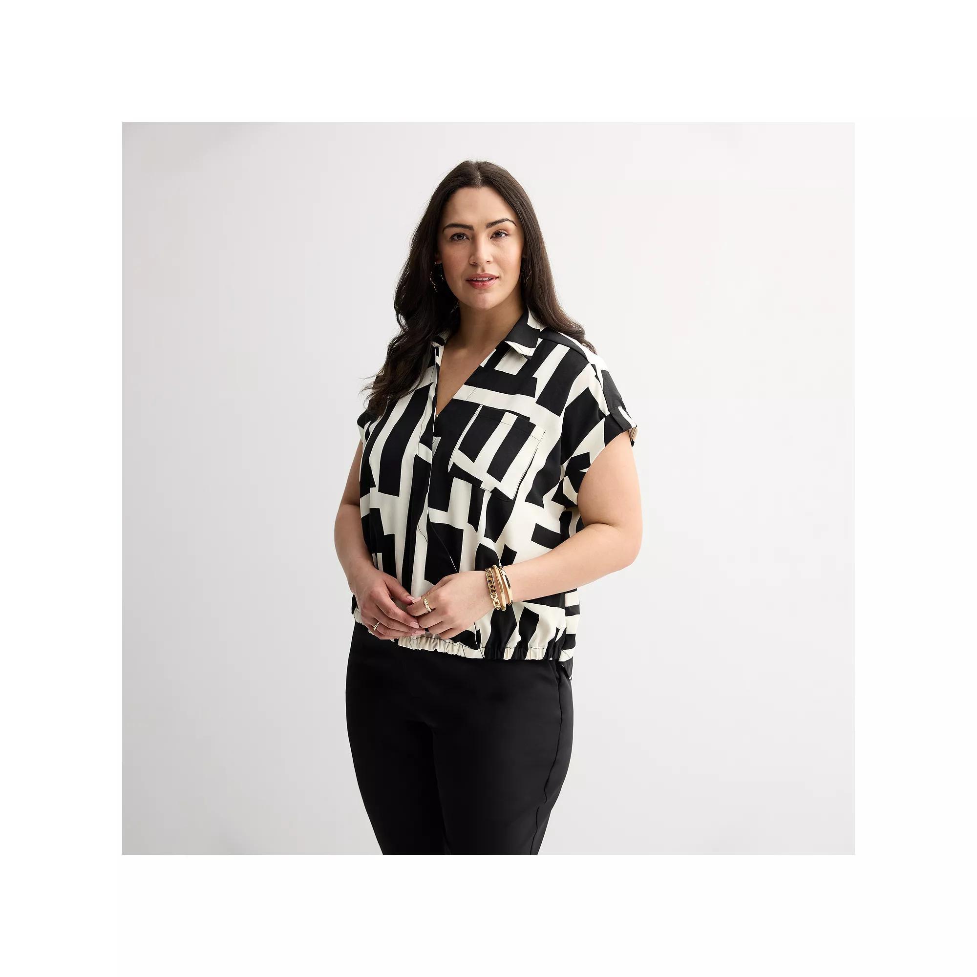 Plus Size Nine West Dolman Surplice Shirt, Women's, Size: 5XL, Ivory Block Abstract Product Image