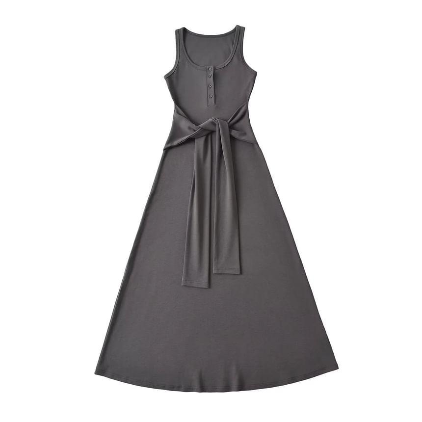 Sleeveless Scoop Neck Plain Tie Waist A-Line Maxi Dress Product Image