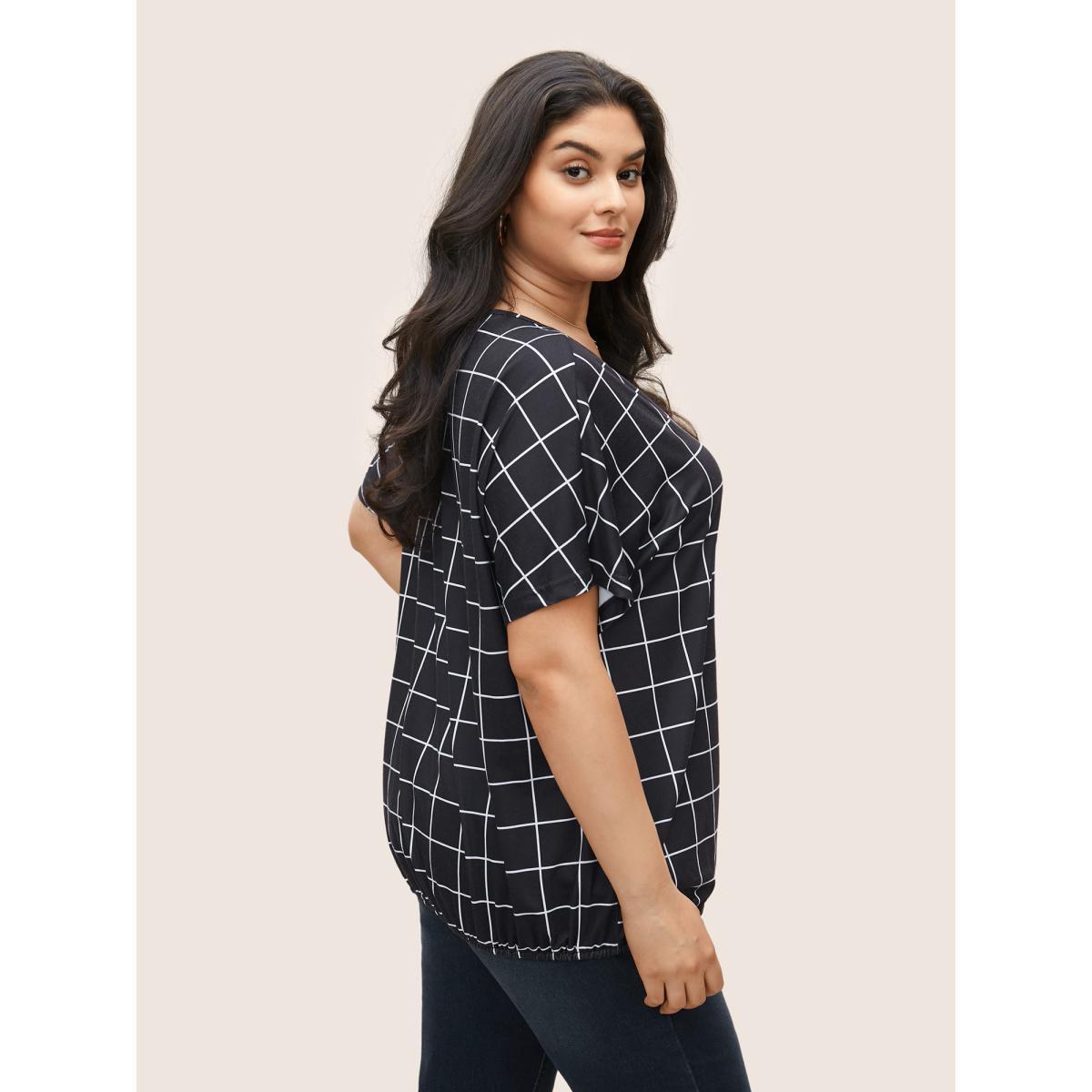 Plus Size Plaid Surplice Neck Batwing Sleeve T-shirt Black Women Work From Home Overlapping Plaid Overlap Collar Work T-shirts BloomChic 12/L Product Image